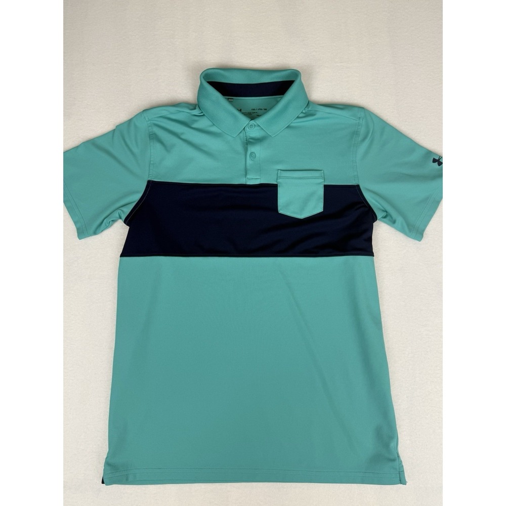 Under Armour Boys Shirt XL Blue Stripe Loose Fit Lose Fit Heatgear Golf Polo